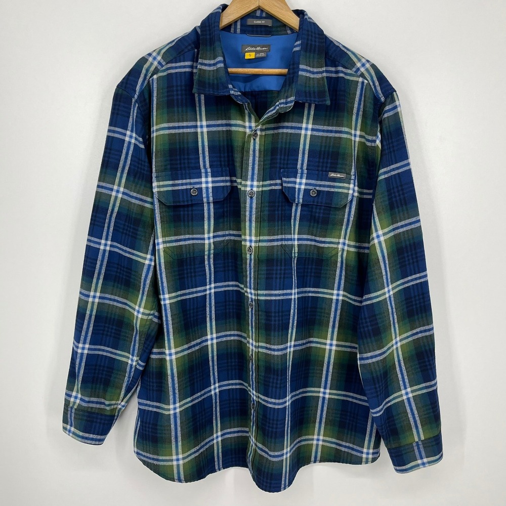 Eddie Bauer Mens 2XL Classic Fit Blue Green Plaid Polyester Flannel Shirt